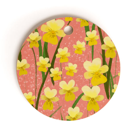 Joy Laforme Pansies in Gold and Coral Cutting Board Round