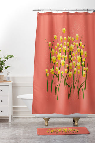 Joy Laforme Pansies in Gold and Coral Shower Curtain And Mat