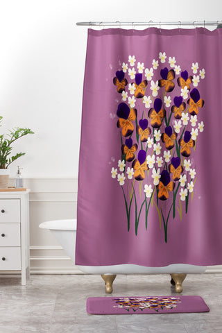 Joy Laforme Pansies in Ochre and White Shower Curtain And Mat