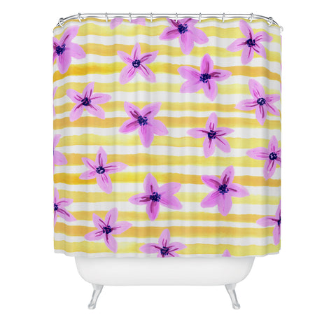 Joy Laforme Pansy Blooms On Stripes I Shower Curtain