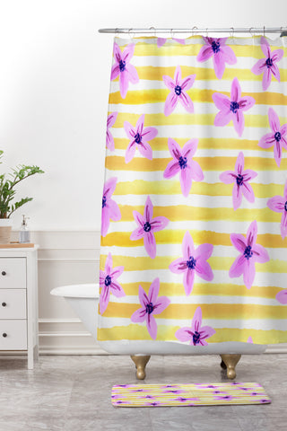 Joy Laforme Pansy Blooms On Stripes I Shower Curtain And Mat