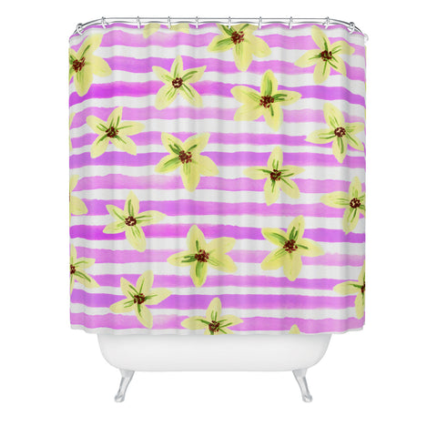 Joy Laforme Pansy Blooms On Stripes II Shower Curtain