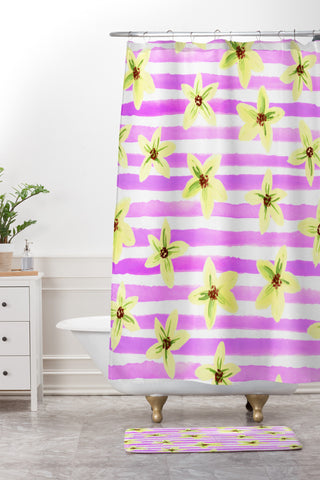 Joy Laforme Pansy Blooms On Stripes II Shower Curtain And Mat