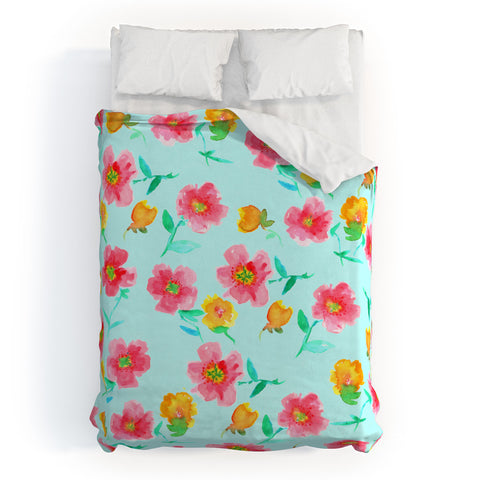 Joy Laforme Peonies And Tulips In Blue Duvet Cover