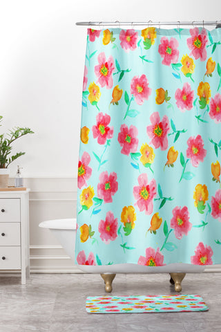 Joy Laforme Peonies And Tulips In Blue Shower Curtain And Mat