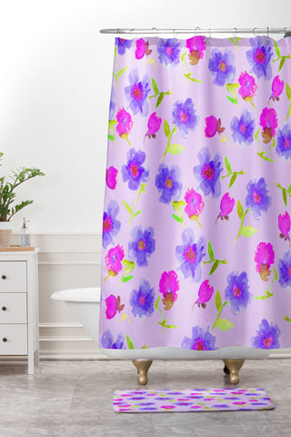 Joy Laforme Peonies And Tulips In Periwinkle Shower Curtain And Mat
