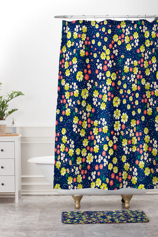 Joy Laforme Wild Floral Ditsy In Navy Shower Curtain And Mat