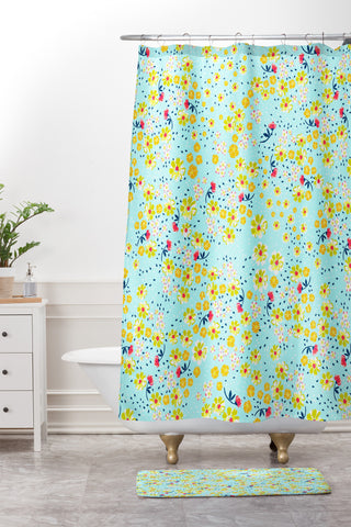 Joy Laforme Wild Floral Ditsy In Pale Blue Shower Curtain And Mat