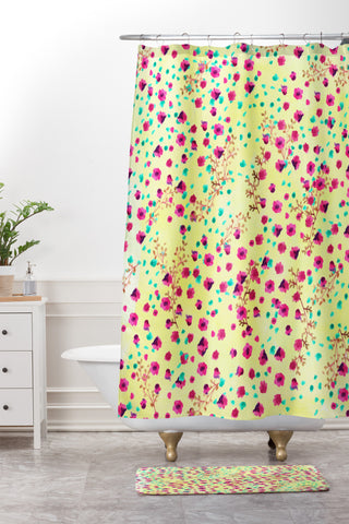 Joy Laforme Wind Swept Floral Lime Shower Curtain And Mat
