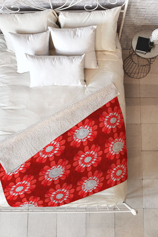 Julia Da Rocha Retro Red Flowers Fleece Throw Blanket