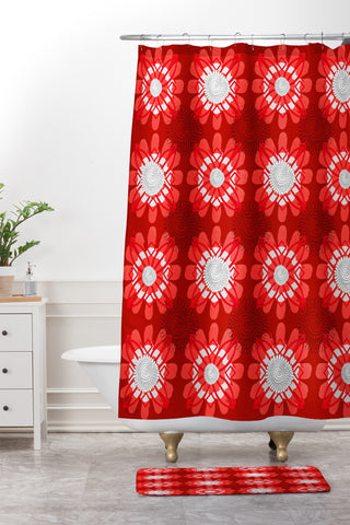 Julia Da Rocha Retro Red Flowers Shower Curtain And Mat