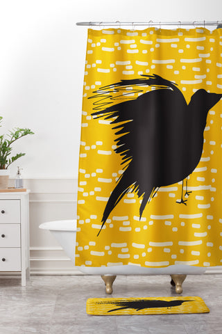 Julia Da Rocha Yellow Crow Shower Curtain And Mat