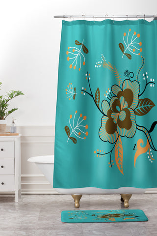 Juliana Curi Flower Turquesa Shower Curtain And Mat