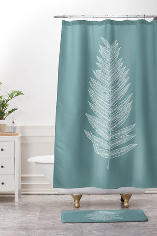 June Journal Minimalist Botanical in Teal Shower Curtain And Mat