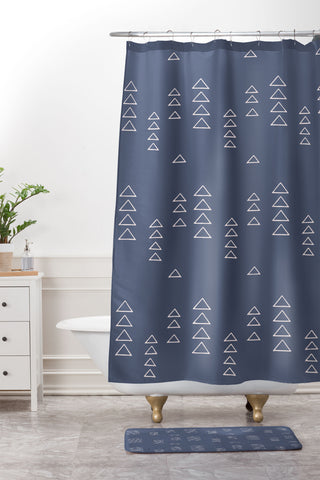 June Journal Triangles in Slate Blue Shower Curtain And Mat