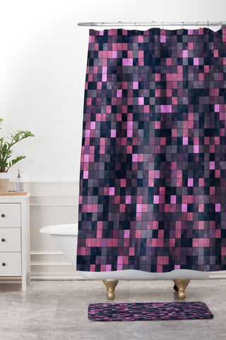 Kaleiope Studio Pink and Gray Squares Shower Curtain And Mat