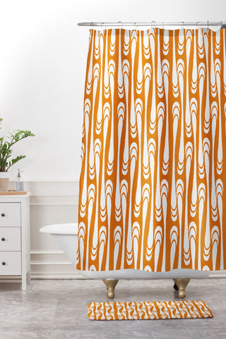 Karen Harris Teardrops White On Orange Shower Curtain And Mat