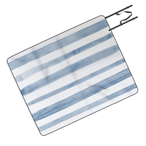 Kelly Haines Blue Watercolor Stripes Picnic Blanket