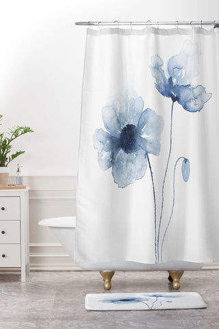 Kris Kivu Blue Watercolor Poppies 1 Shower Curtain And Mat