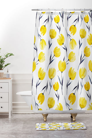 Kris Kivu Yellow Tulips Watercolour Pattern Shower Curtain And Mat