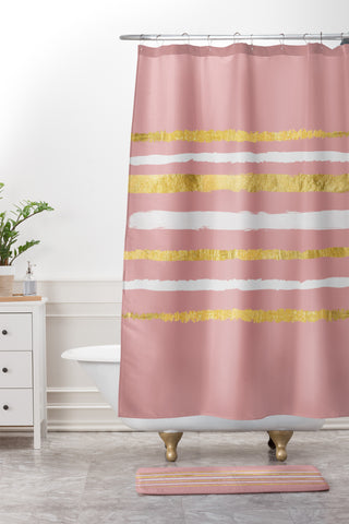 Lara Kulpa Gold and White Stripe on Blush Shower Curtain And Mat