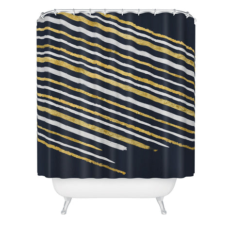 Lara Kulpa Gold and White Stripe on Navy Shower Curtain