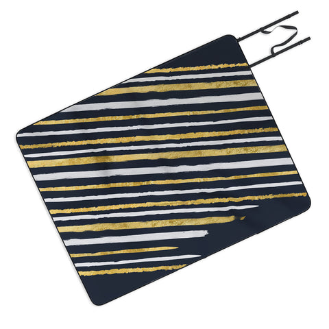 Lara Kulpa Gold and White Stripe on Navy Picnic Blanket