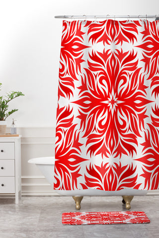 Lara Kulpa Red Tribal Floral Shower Curtain And Mat