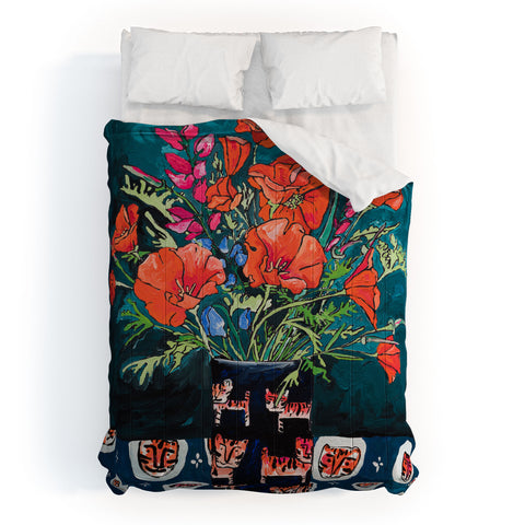 Lara Lee Meintjes California Summer Bouquet Oranges and Lily Blossoms in Blue and White Urn Comforter