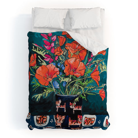 Lara Lee Meintjes California Summer Bouquet Oranges and Lily Blossoms in Blue and White Urn Duvet Cover