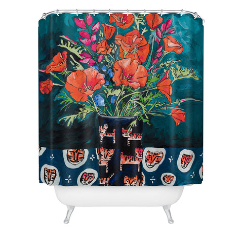 Lara Lee Meintjes California Summer Bouquet Oranges and Lily Blossoms in Blue and White Urn Shower Curtain