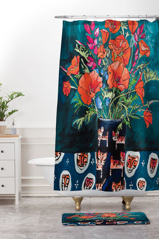 Lara Lee Meintjes California Summer Bouquet Oranges and Lily Blossoms in Blue and White Urn Shower Curtain And Mat