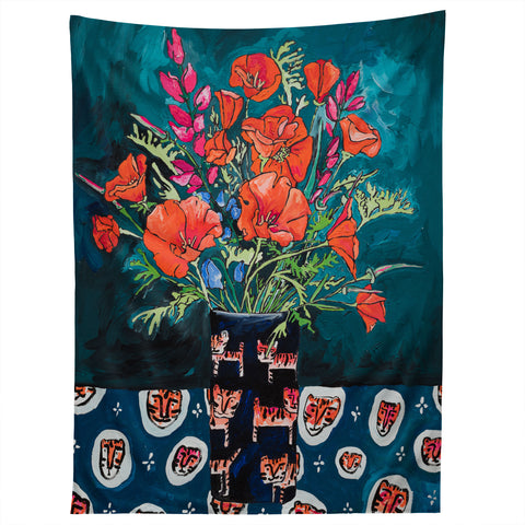 Lara Lee Meintjes California Summer Bouquet Oranges and Lily Blossoms in Blue and White Urn Tapestry