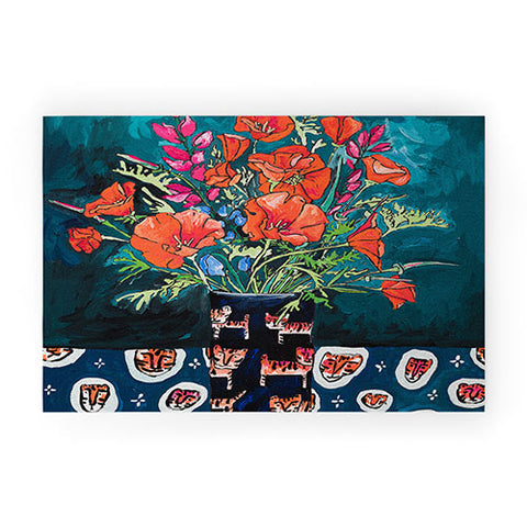 Lara Lee Meintjes California Summer Bouquet Oranges and Lily Blossoms in Blue and White Urn Welcome Mat