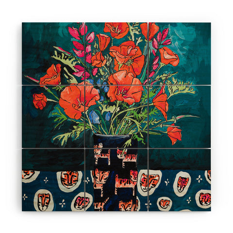Lara Lee Meintjes California Summer Bouquet Oranges and Lily Blossoms in Blue and White Urn Wood Wall Mural