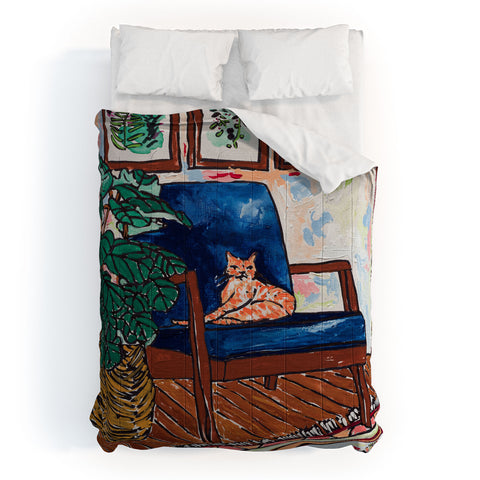 Lara Lee Meintjes Ginger Cat in Peacock Chair with Indoor Jungle of House Plants Interior Painting Comforter