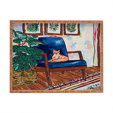 Lara Lee Meintjes Ginger Cat in Peacock Chair with Indoor Jungle of House Plants Interior Painting Rectangular Tray