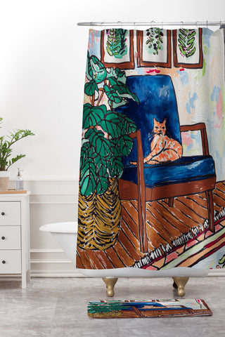 Lara Lee Meintjes Ginger Cat in Peacock Chair with Indoor Jungle of House Plants Interior Painting Shower Curtain And Mat