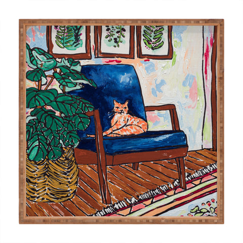 Lara Lee Meintjes Ginger Cat in Peacock Chair with Indoor Jungle of House Plants Interior Painting Square Tray