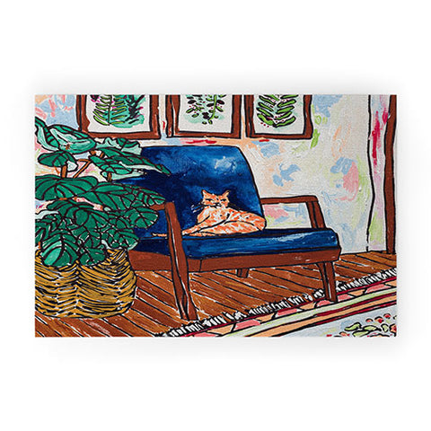 Lara Lee Meintjes Ginger Cat in Peacock Chair with Indoor Jungle of House Plants Interior Painting Welcome Mat