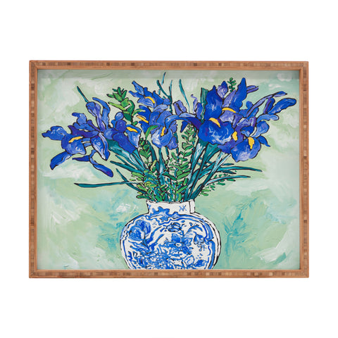 Lara Lee Meintjes Iris Bouquet in Chinoiserie Vase on Blue and White Striped Tablecloth on Painterly Mint Green Rectangular Tray