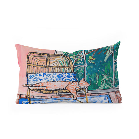 Lara Lee Meintjes Napping Ginger Cat in Pink Jungle Garden Room Oblong Throw Pillow