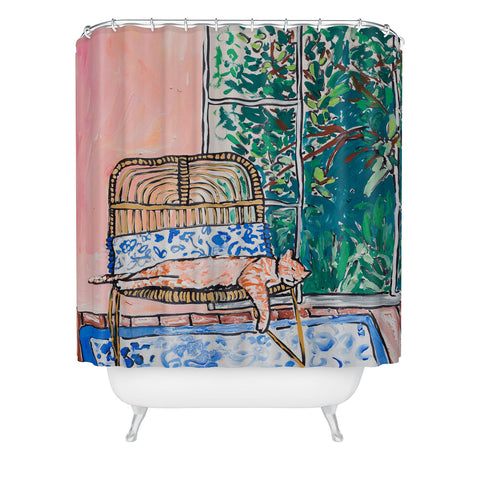 Lara Lee Meintjes Napping Ginger Cat in Pink Jungle Garden Room Shower Curtain