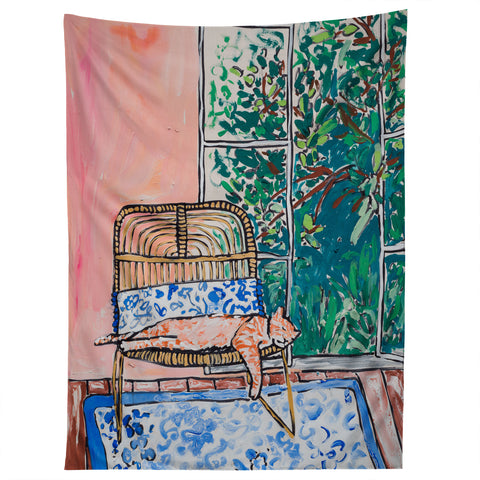 Lara Lee Meintjes Napping Ginger Cat in Pink Jungle Garden Room Tapestry