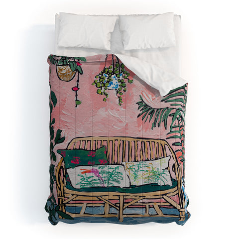 Lara Lee Meintjes Rattan Bench in Painterly Pink Jungle Room Comforter