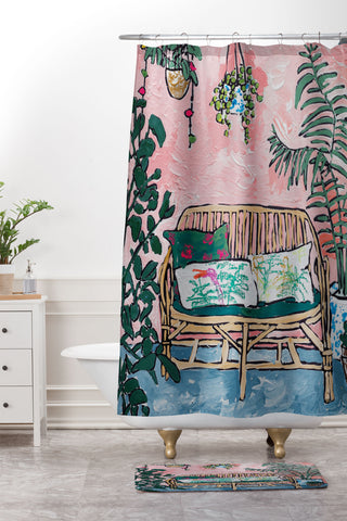 Lara Lee Meintjes Rattan Bench in Painterly Pink Jungle Room Shower Curtain And Mat
