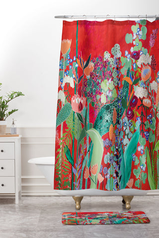 Lara Lee Meintjes Red Floral Jungle Shower Curtain And Mat