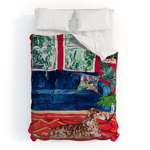 Lara Lee Meintjes Red Interior With Borzoi Dog And House Plants Comforter