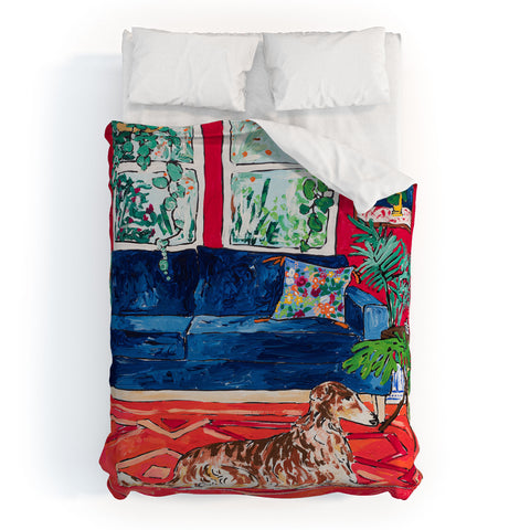 Lara Lee Meintjes Red Interior With Borzoi Dog And House Plants Duvet Cover