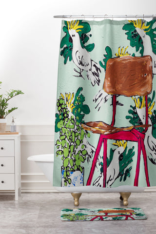 Lara Lee Meintjes School Chair and Mint Cockatoo Wallpaper Shower Curtain And Mat